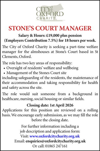City of Oxford Charity seeks a part-time Welfare Manager of Stone's Court, beautiful almshouses in Oxford