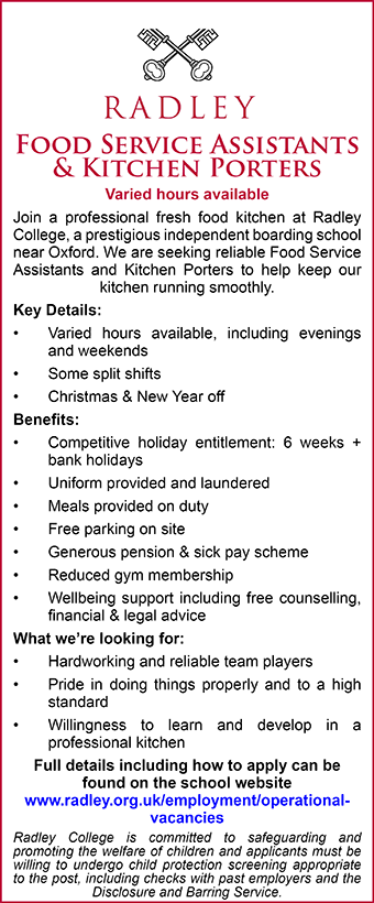 Radley College seeks Food Service Assistants and Kitchen Porters