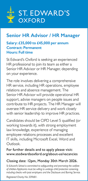 St Edward's Oxford seek a Senior HR Advisor/ HR Manager