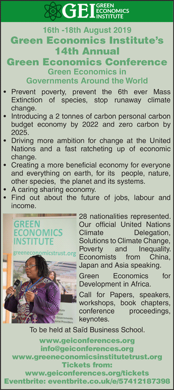 16th -18th August 2019: Green Economics Instituteâ€™s 14th Annual Green Economics Conference