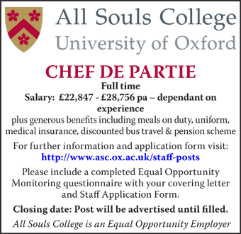 All Souls College seek a Chef De Partie