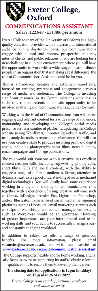 Exeter College seeks a Communications Assistant