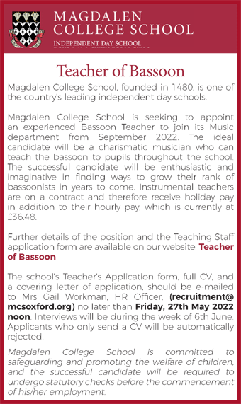 Magdalen College School seek a Teacher of Bassoon