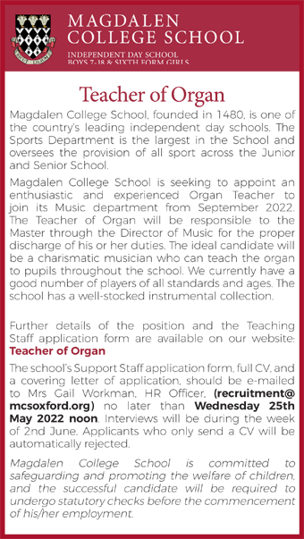Magdalen College School seek a Teacher of Organ