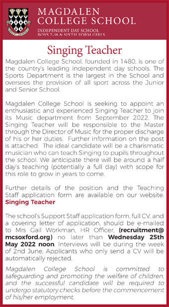 Magdalen College School seek a Singing Teacher