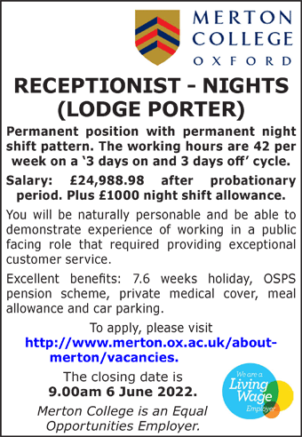Merton College seek Receptionist  Nights (Lodge Porter) 