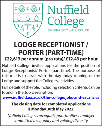 Nuffield College requires an Lodge Receptionist/Porter 