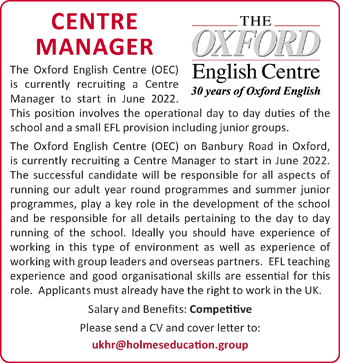 Oxford English Centre seek a Centre Manager