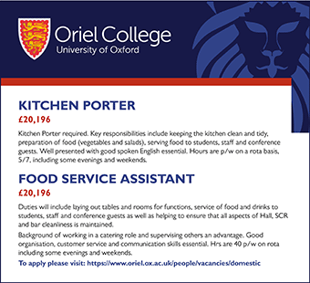 Oriel College seek Kitchen Porter and Food Service Assistant