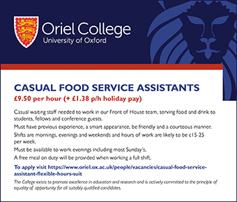 Oriel College seek Casual Food Service Assistant