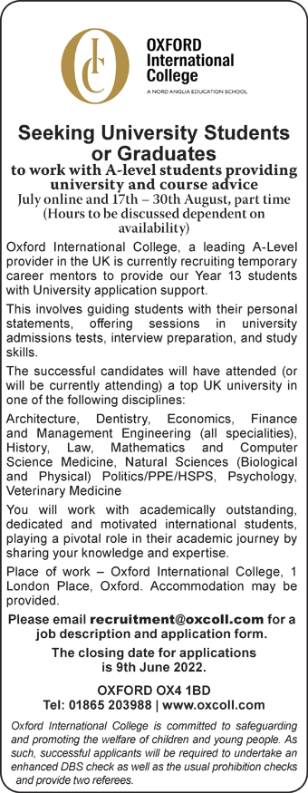 Oxford International College seek University Students or Graduates