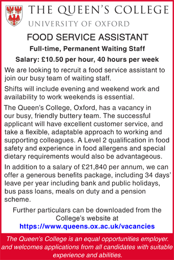 Food Service Assistant required for The Queen's College, Oxford