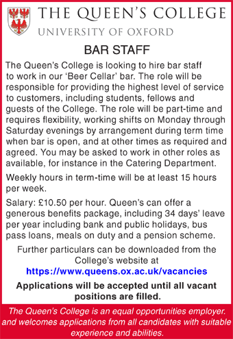 Queen'c College seek Bar Staff