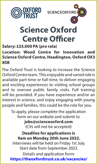 Science Oxford seeks Science Oxford  Centre Officer