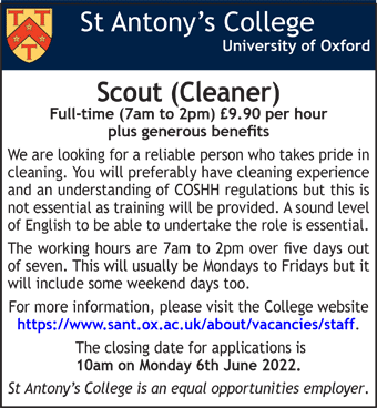 St Antony's College seeks Scout (Cleaner)