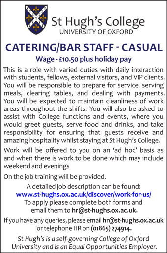 St Hugh's College seek Catering/Bar Staff
