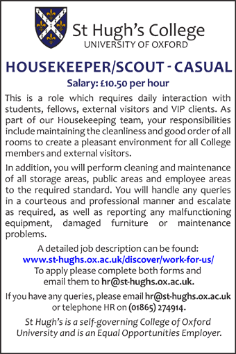 St Hugh's College seek Housekeeper/Scout