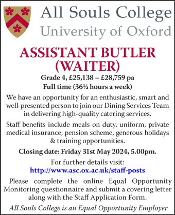 All Souls College seek an Assistant Butler (Waiter)