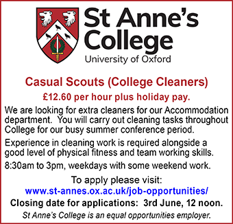 St Anneâ€™s College Oxford seeks Casual Scouts (College Cleaners)