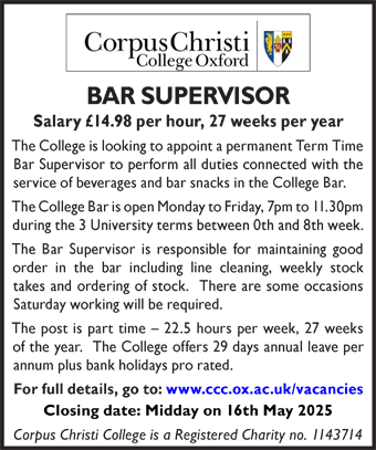 Corpus Christi College seeks Bar Supervisor