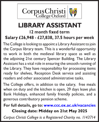 Corpus Christi College seeks Library Assistant
