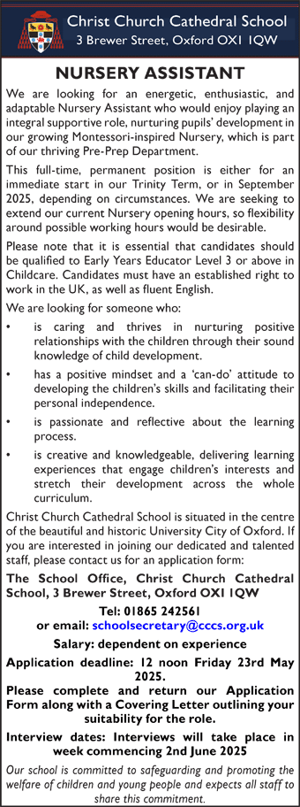 Christ Church Cathedral School seeks Nursery Assistant