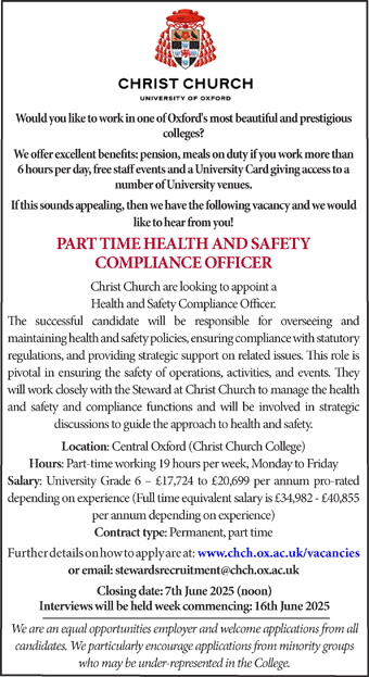 Christ Church, Oxford seek Part time Health and Safety Compliance Officer