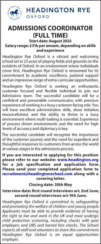 Headington Rye seek ADMISSIONS COORDINATOR