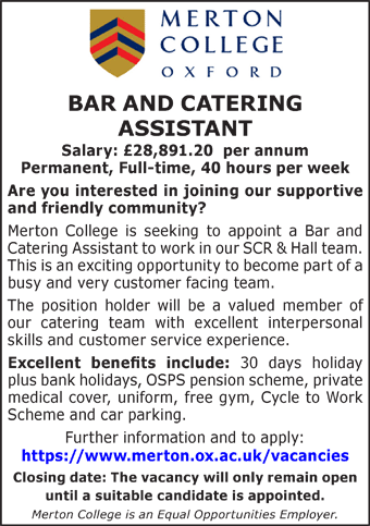 Merton College seek Bar and Catering Assistant