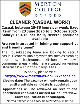 Merton College seek Cleaner (Casual work)