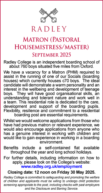 Radley College seeks Matron (Pastoral Housemistress/master)