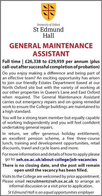 St Edmund Hall seeks General Maintenance Assistant