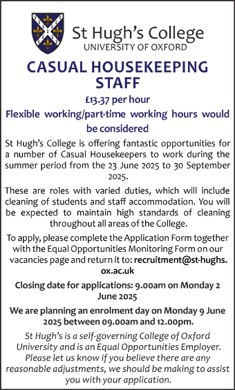 St Hugh's College seek Casual Housekeeping Staff