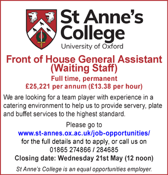 St Anneâ€™s College Oxford seeks Front of House General Assistant (Waiting Staff)