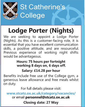 St Catherineâ€™s College seeks Lodge Porter (Nights)