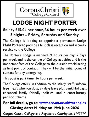 Corpus Christi seeks Lodge Night Porter Corpus Christi seeks Lodge Night Porter