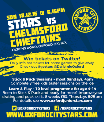 Oxford City Stars Ice Hockey next play Chelmsford Chieftains, Sun 18th December, 6.15pm at Oxford Ice Rink