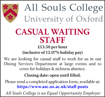All Souls College seek Casual Waiting Staff