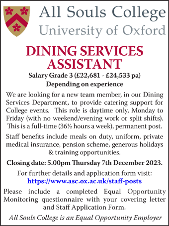 All Souls College seek a Dining Services Assistant