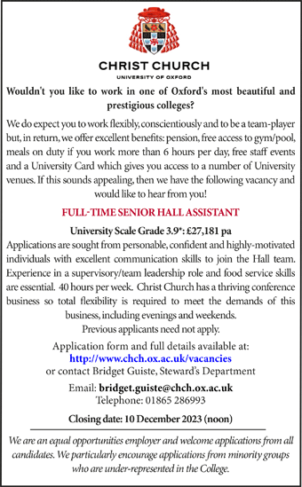 Christ Church, Oxford seek Full-time Senior Hall Assistant