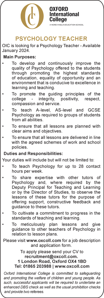 Oxford International College seek Psychology Teacher
