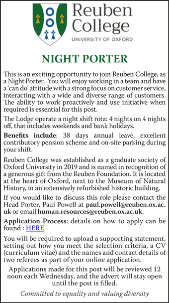 Reuben College seeks an Night Porter