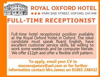 Royal Oxford Hotel seek a full-time Receptionist