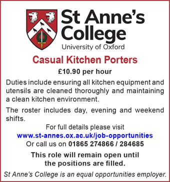 St Anneâ€™s College Oxford seeks Casual Kitchen Porter