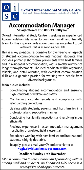 Oxford International Study Centre seeks Accommodation Manager