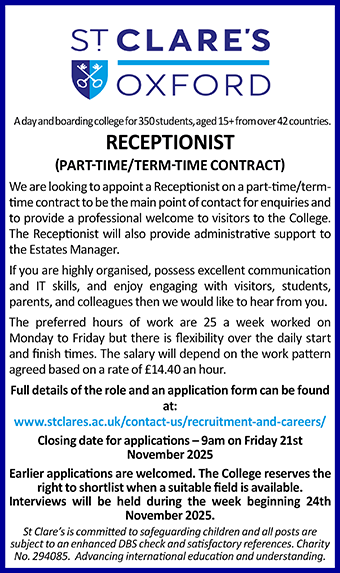 St Clare's seeks Receptionist St Clare's seeks Receptionist