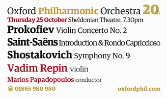 Oxford Philharmonic violin concert with Vadim Repin, Thursday 25th October, 7.30pm