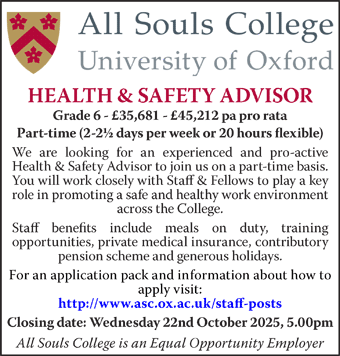 All Souls College seek Health & Safety Advisor