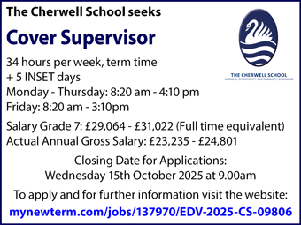 Cherwell School seeks Cover Supervisor, 34 hpw, term-time