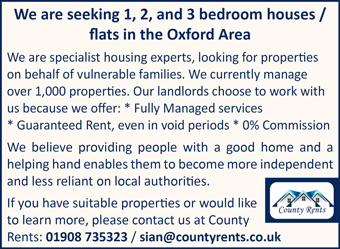 County Rents seek 1, 2, and 3-bedroom houses and flats in the Oxford Area for vulnerable families County Rents seek 1, 2, and 3-bedroom houses and flats in the Oxford Area for vulnerable families